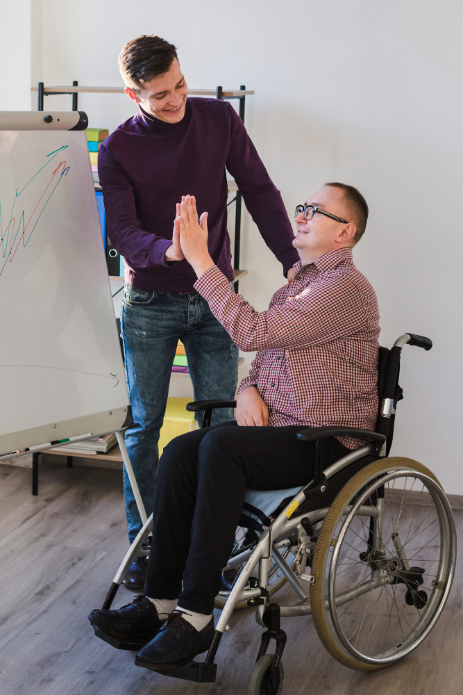 Adult men working together on project
