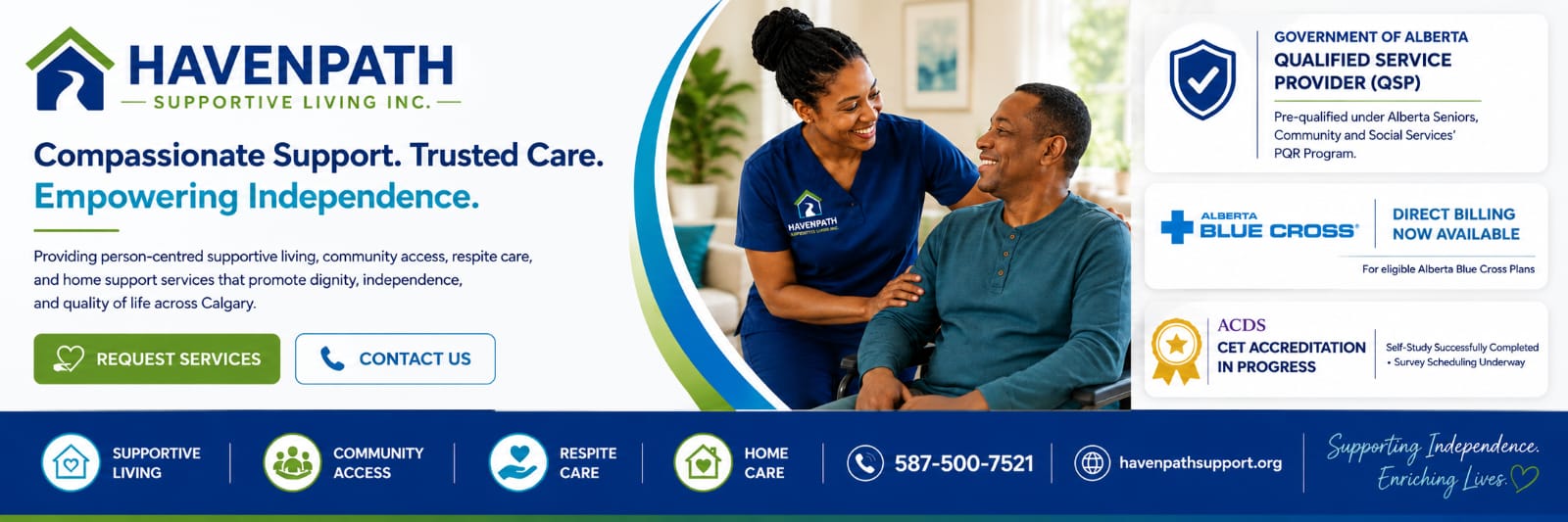 HavenPath Supportive Living — Government of Alberta Qualified Service Provider, Alberta Blue Cross Direct Billing, ACDS CET Accreditation in progress
